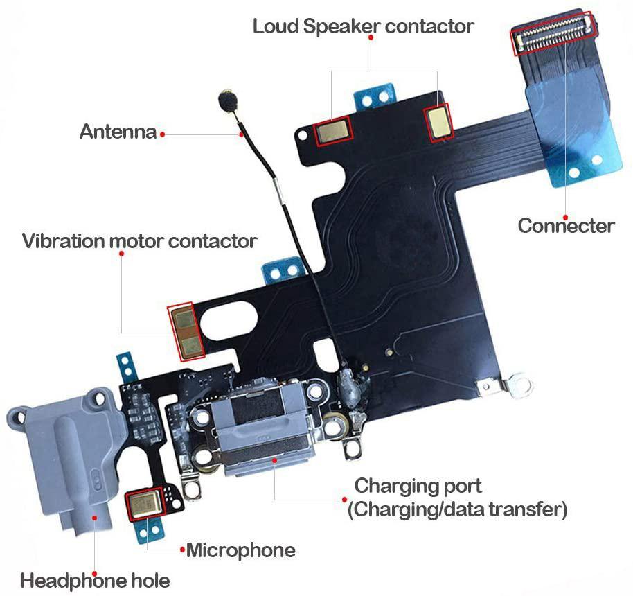 REPLACEMENT FOR IPHONE 6 HEADPHONE JACK WITH CHARGING CONNECTOR FLEX CABLE - LIGHT GRAY - EXPRESS PARTS -WHOLESALE CELLPHONE REPAIR PARTS